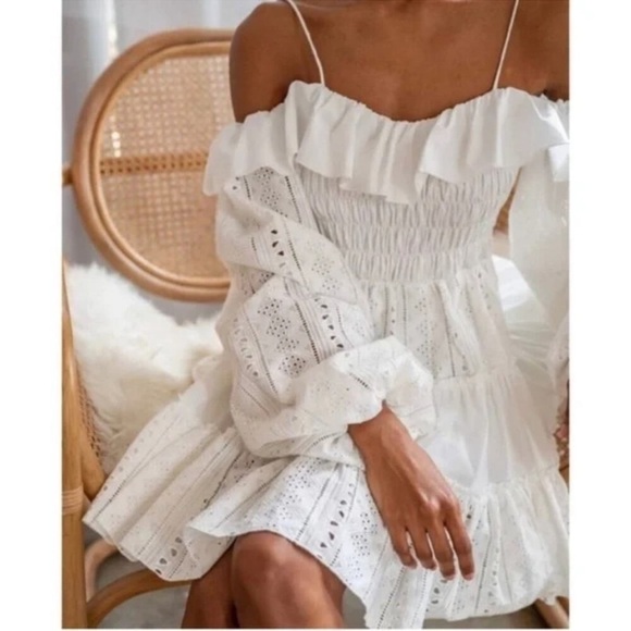 choosy Dresses & Skirts - NWT Choosy White Endless Summer Eyelet Off the Shoulder Mini Dress Size Medium